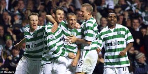 Celtic players celebrate scoring in the 4-3 win over Juventus