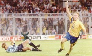 Tomas Brolin scores for Sweden (Image from Getty)