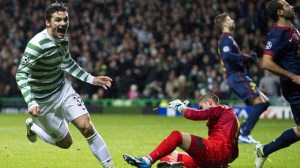 Tony Watt scores the winner against Barcelona last year (Image from Getty)