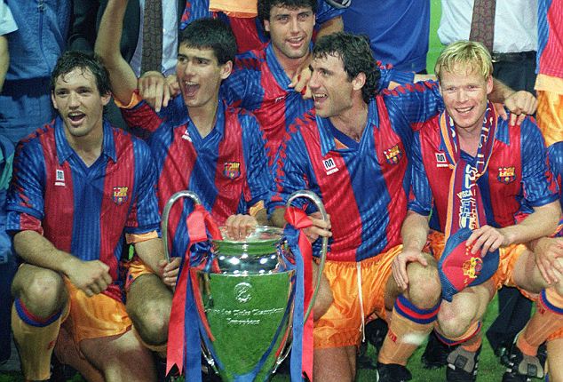 Barca players including Stoichkov celebrate their first European Cup (Image from Colorsport / Andrew Cowie)