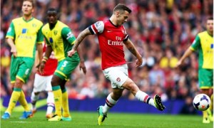 Arsenal's Jack Wilshere scores the first goal against Norwich City in the Premier League (Image from Getty)
