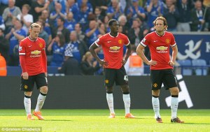 Rooney was seen shouting at Blind and Blackett during the Leicester defeat  (Image from Graham Chadwick)