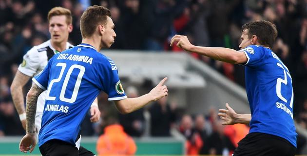 Manuel Junglas scores for Bielfeld against Borussia Monchengladbach (Image from PA)