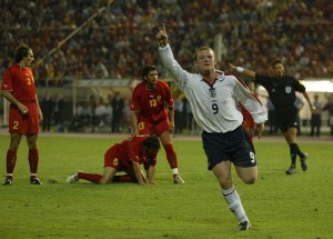 Rooney celebrates his first goal for England against Macedonia  (Image by Andy Hooperway)