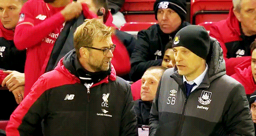 Bilic shares a moment with Liverpool boss Jurgen Klopp in one of his happier moments in charge of West Ham this season (image from Tumblr)